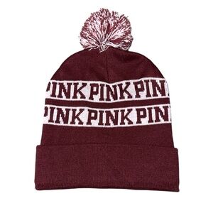 Victoria’s Secret PINK Logo Burgundy Pom Knit Beanie Hat Cap Winter